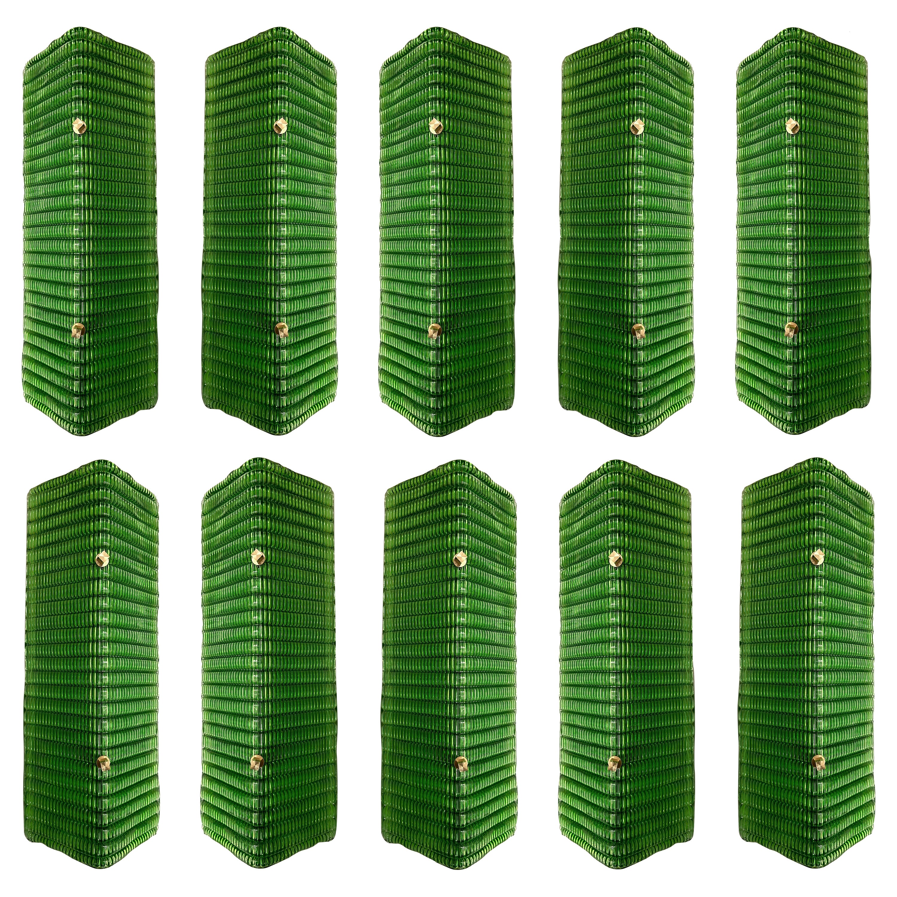 Contemporary Pair of Brass and Green Folded Leaf Murano Glass Sconces, Italy For Sale