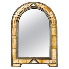 Art Deco Mirror with Mosaic Frame with Brass and Bone Inlay, Italy 1960s