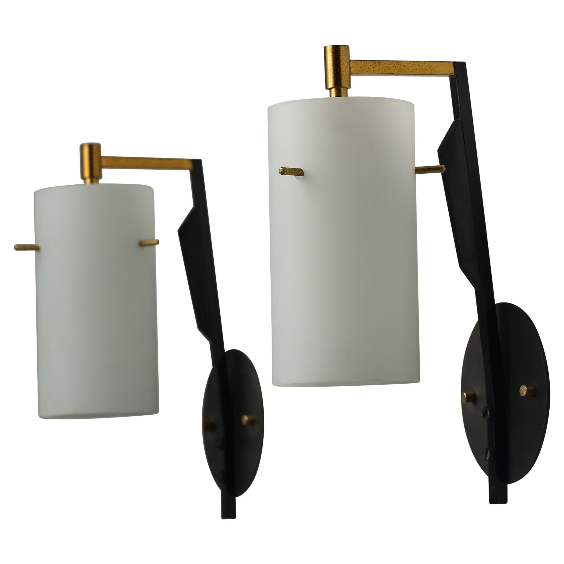 Pair of Mid-Century Italian Sconces in Brass and Black with Opaline Glass Shades