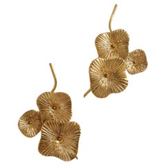 Pair of Gold Bronze Murano "Flower" Floral Glass and Brass Sconces, Italy