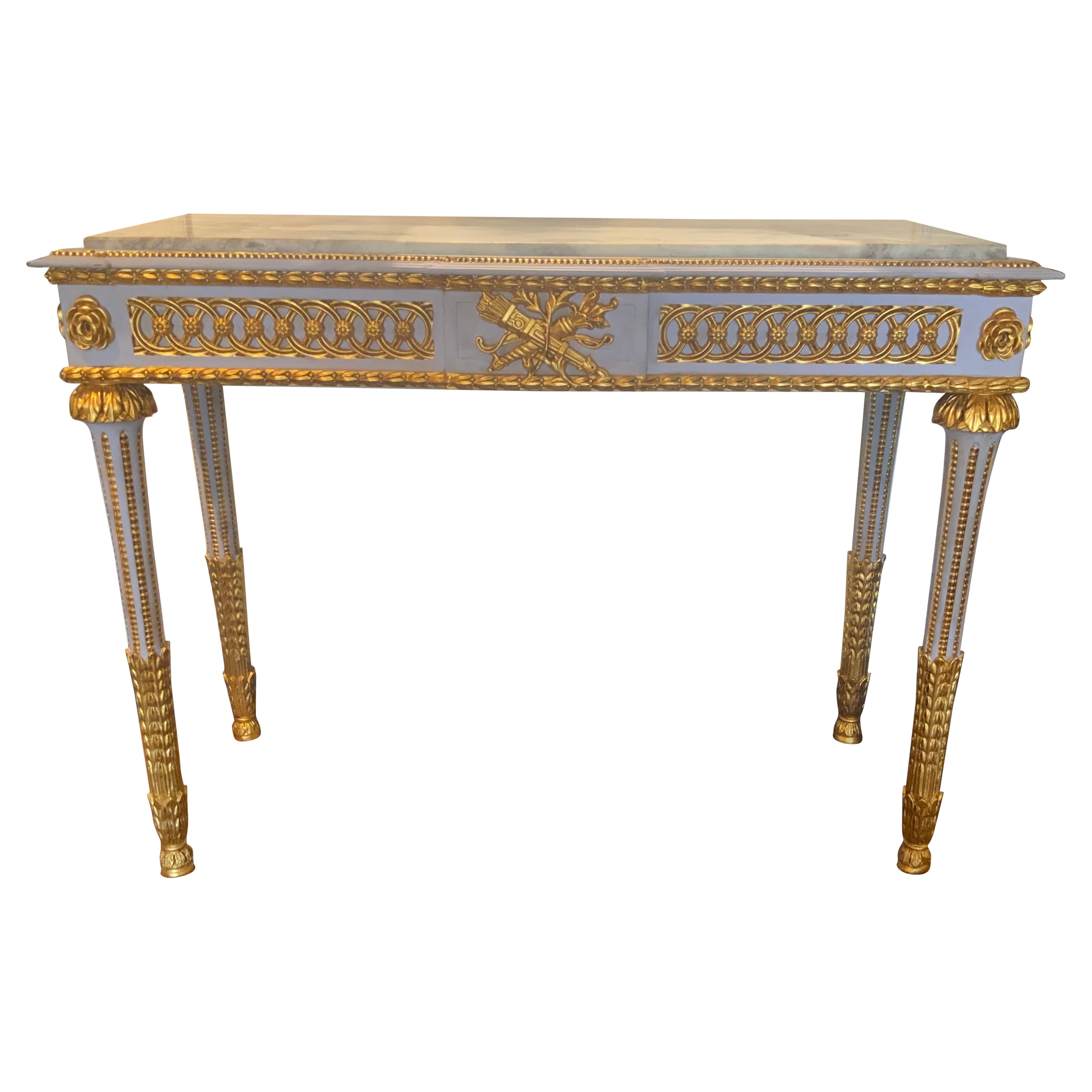 Pair of Neoclassical Style parcel gilt and gray painted marble top consoles