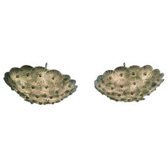 Pair of Fontana Green Murano Glass Flush Mount Chandeliers
