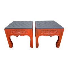 Pair of Square Carved & Painted Wood Tables with Slate Tops