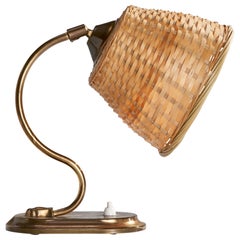 Vintage AJH, Table Lamp, Brass, Rattan, Sweden, 1940s