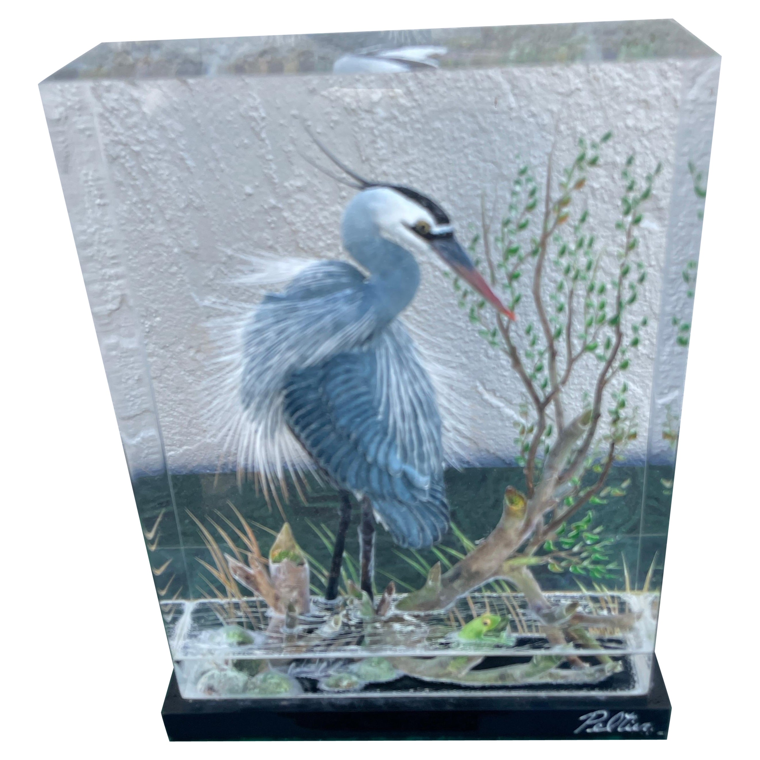 Acrylic Sculpture of Blue Heron Bird by Peltier For Sale