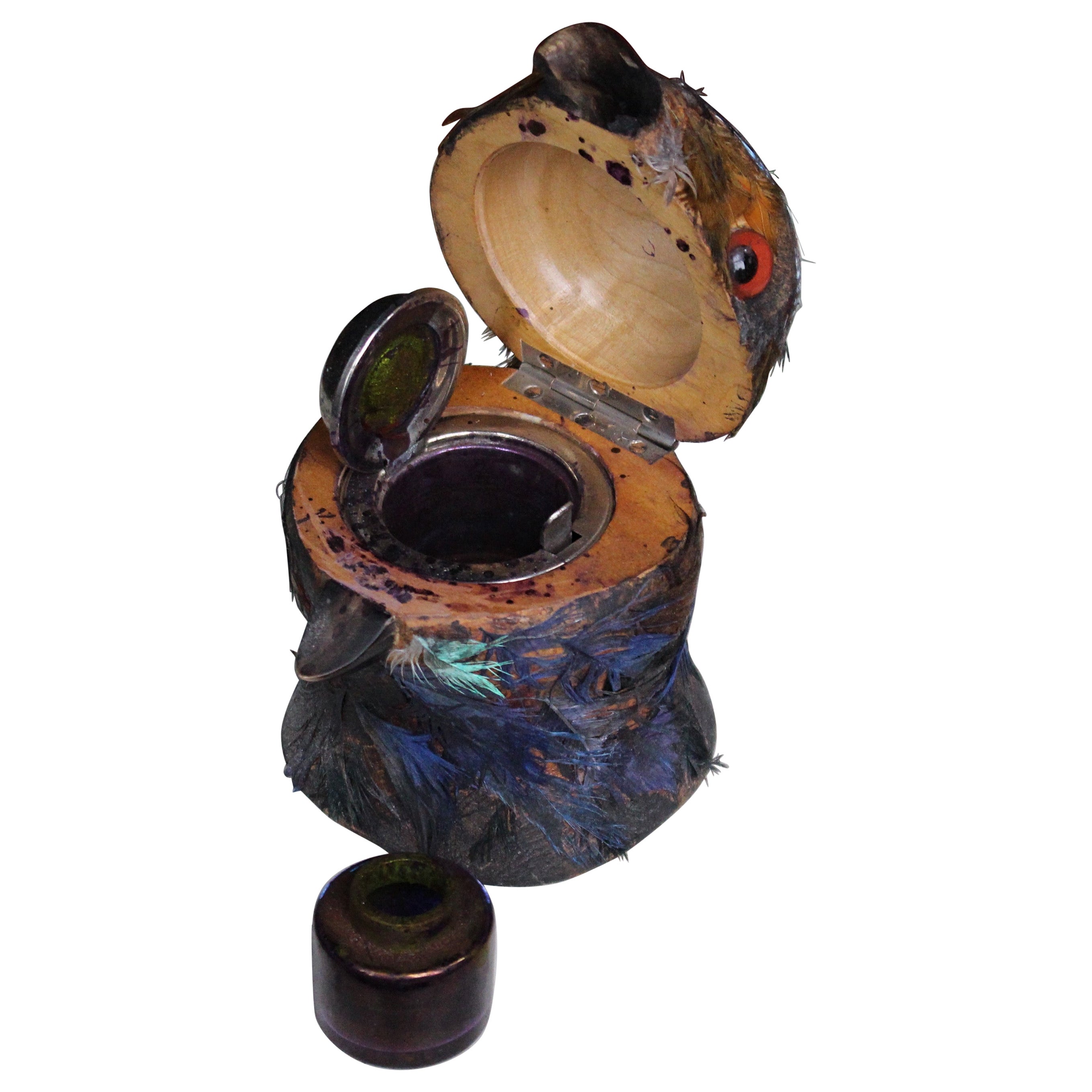 Early 20th Century Parrot Ink Well, Glass Eyes, Hand Dyed Feathers For Sale