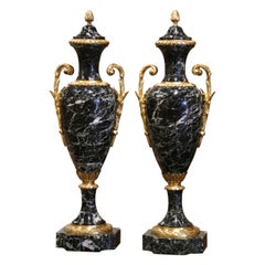 Pair of 19th Century French Carved Marble and Bronze Dore Cassolettes