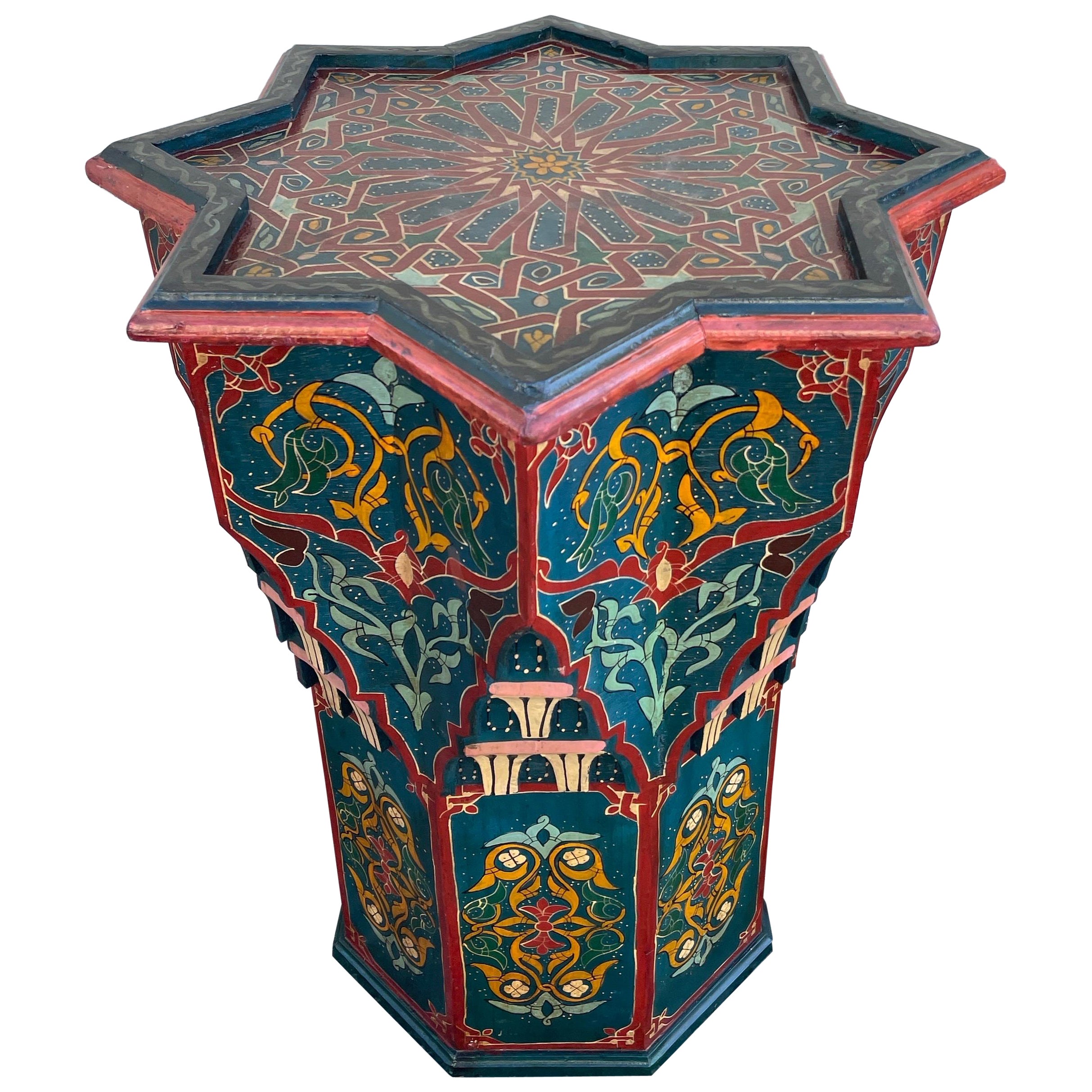 Mesa auxiliar marroquí arquitectónica vintage octogonal pintada a mano en venta