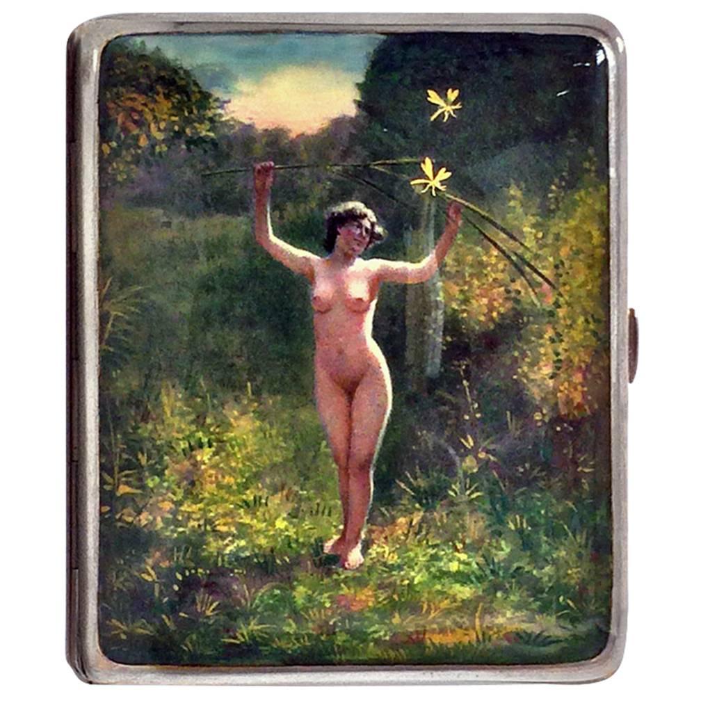 Enamel Silver Erotic Nude Cigarette Box, Continental, circa 1920