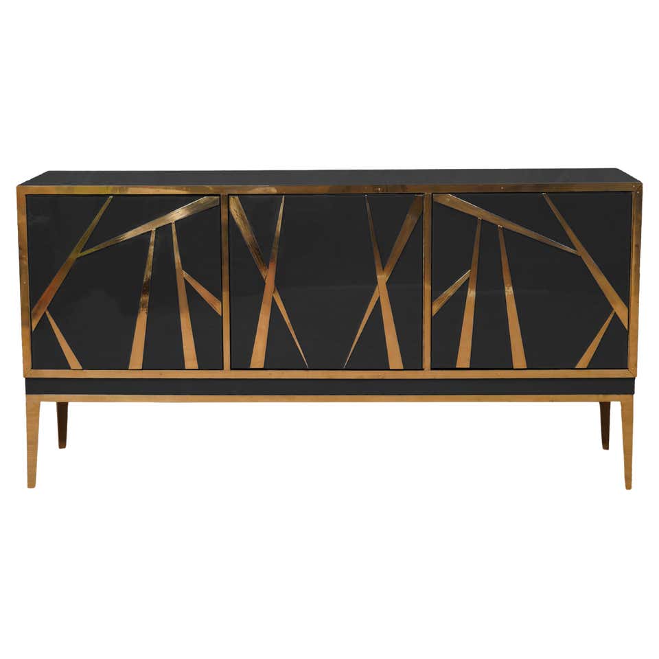 Black Murano Glass Sideboard with 28 Spheric Jewels and Brass Trim and ...