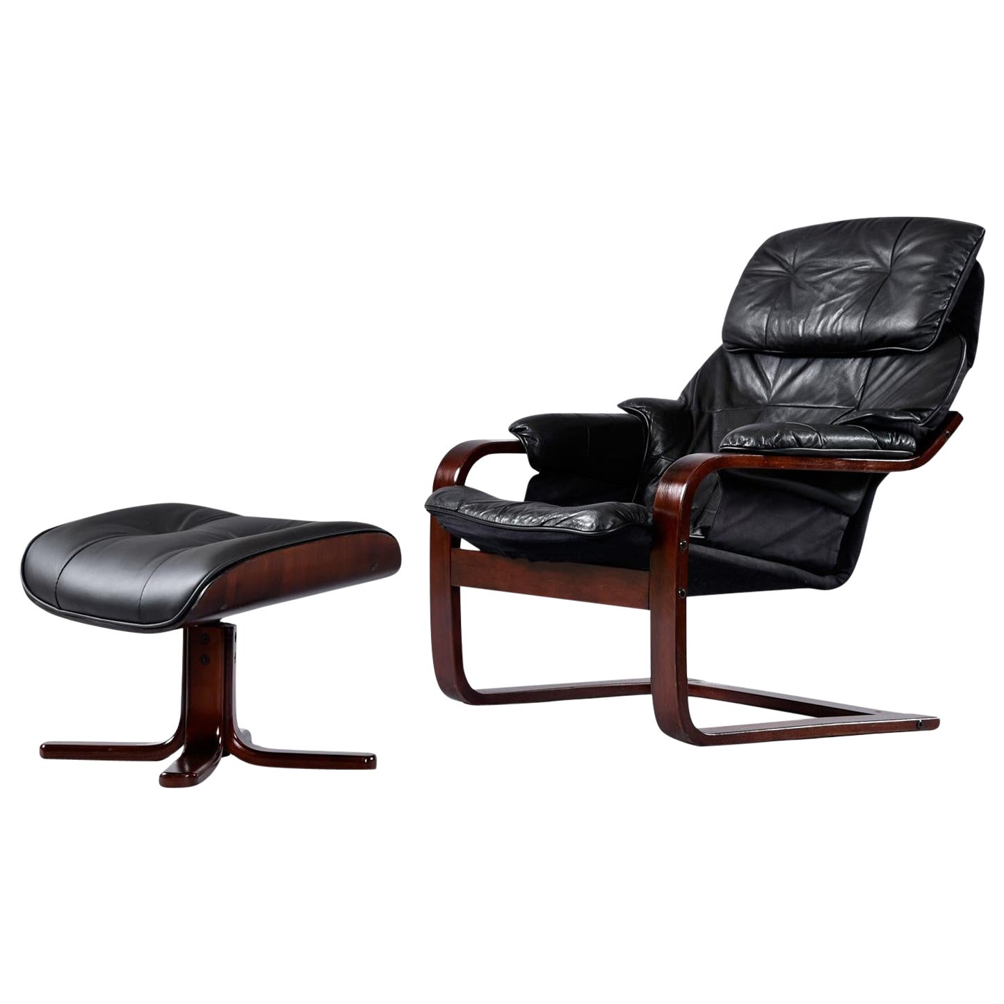 Black Leather Rosewood Lounge Chair and Ottoman