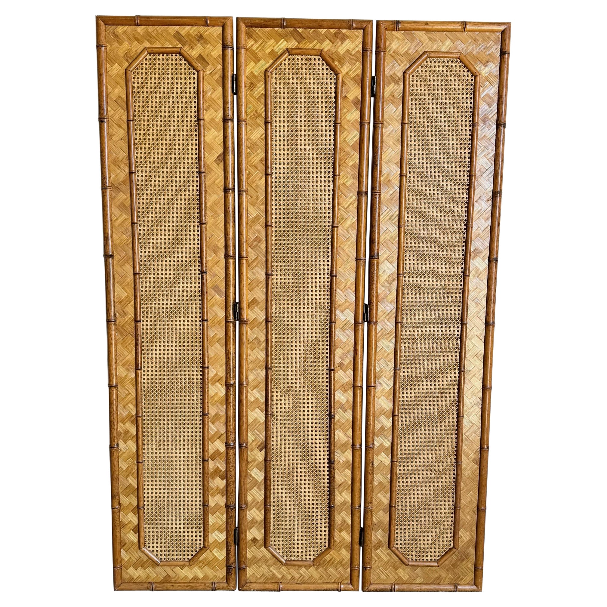 Boho Chic Faux Bamboo Herringbone and Cane Room Divider/Screen - 3 Panels