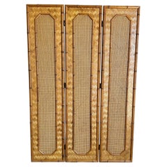 Séparation de pièce/viseur Boho Chic en faux bambou à chevrons et cannage - 3 panneaux