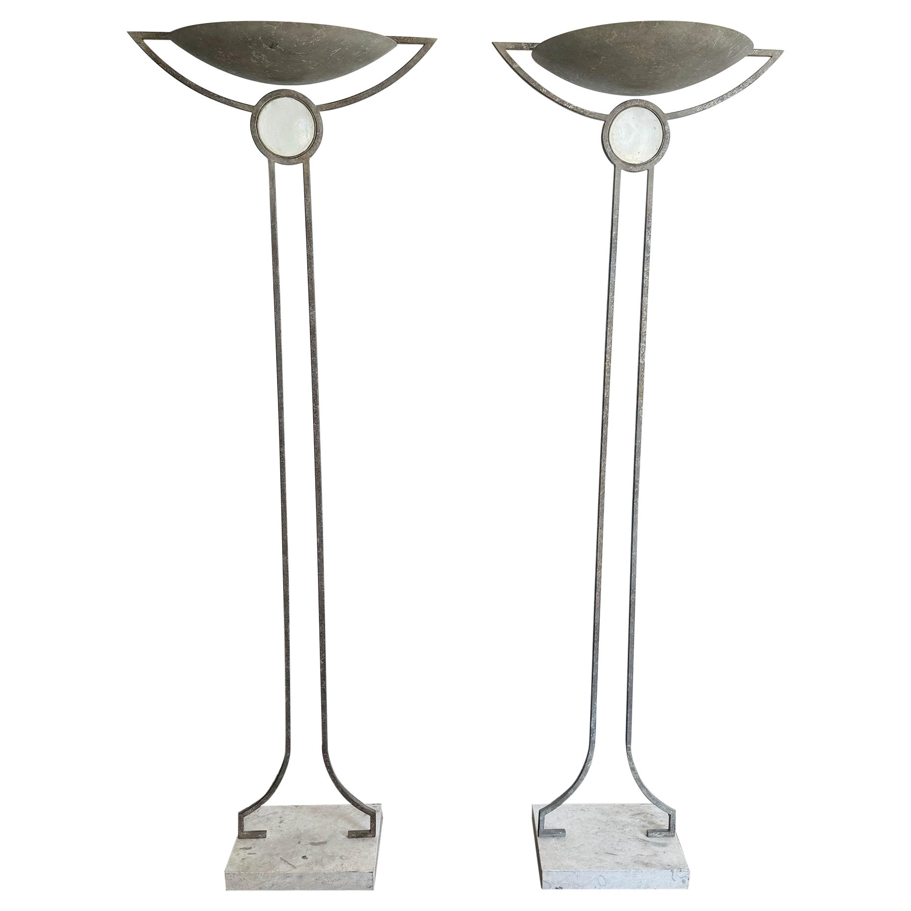 Postmodern Metal, Glass and Stone Dimmable Halogen Floor Lamps - a Pair For Sale