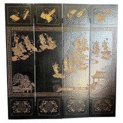 Chinese Hand Carved Black and Gold Crackled Room Divider/Screen