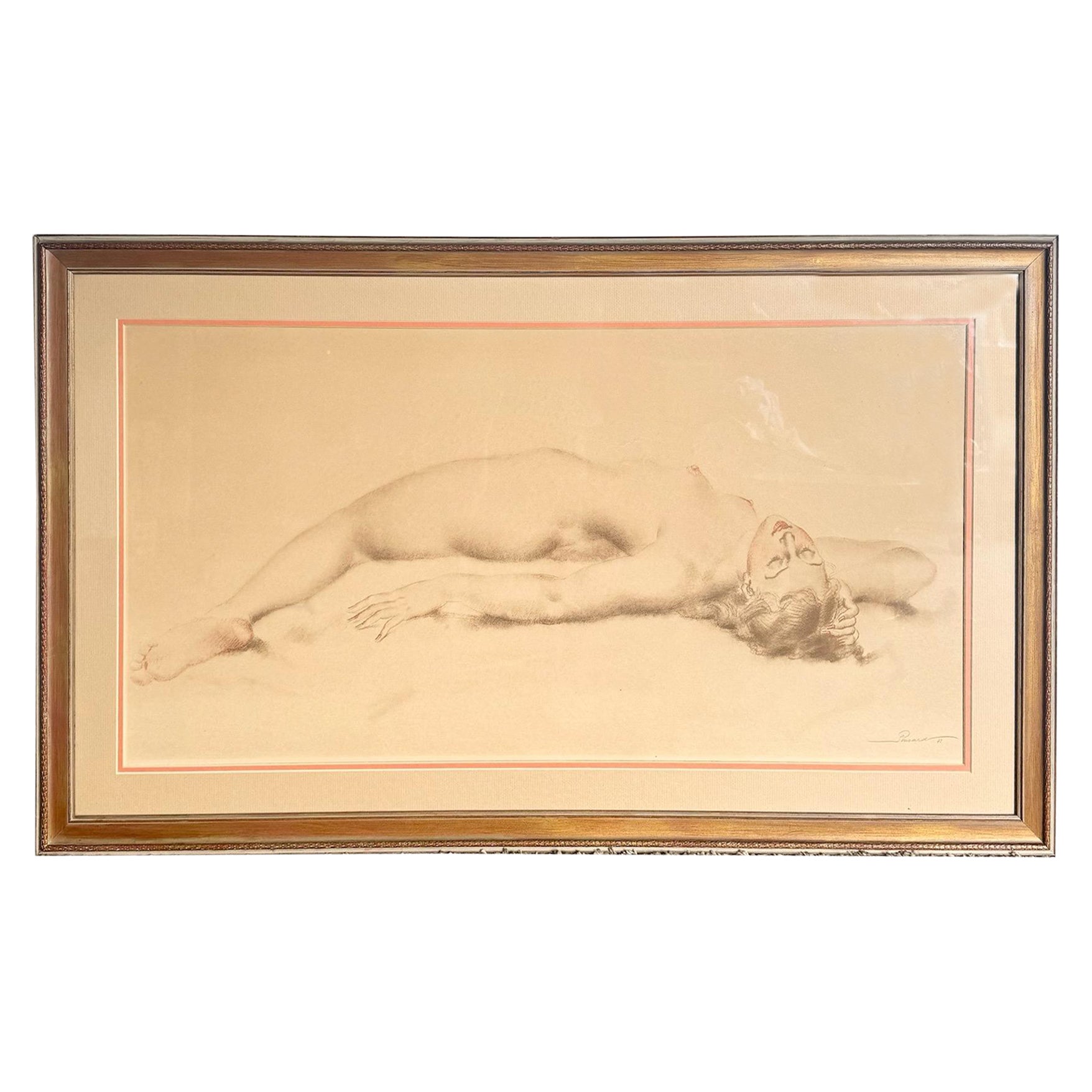 Ponsard Desnudo reclinado Impresión firmada y enmarcada 1973 en venta