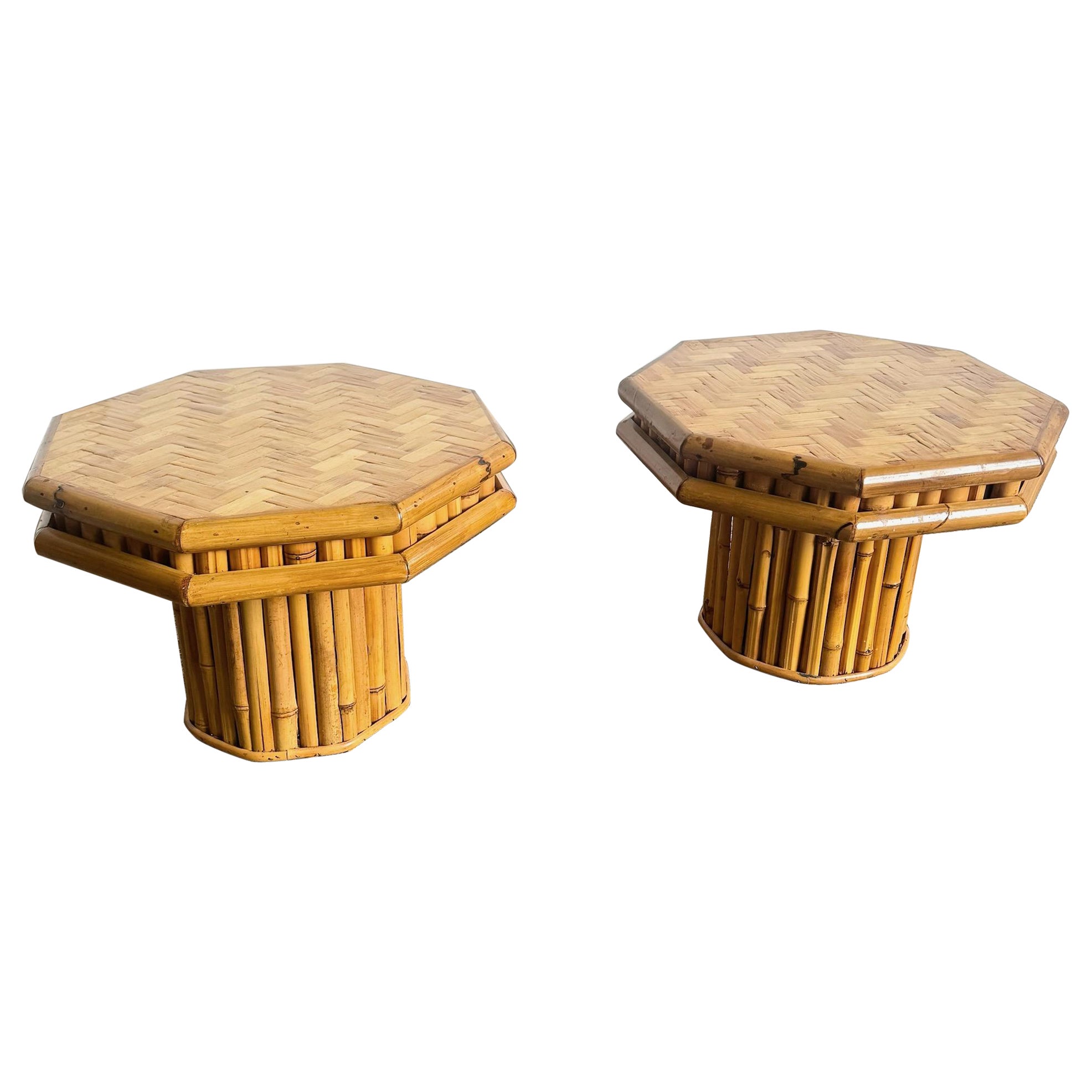 Boho Chic Octagonal Split Bamboo Herringbone Top Side Table - a Pair For Sale