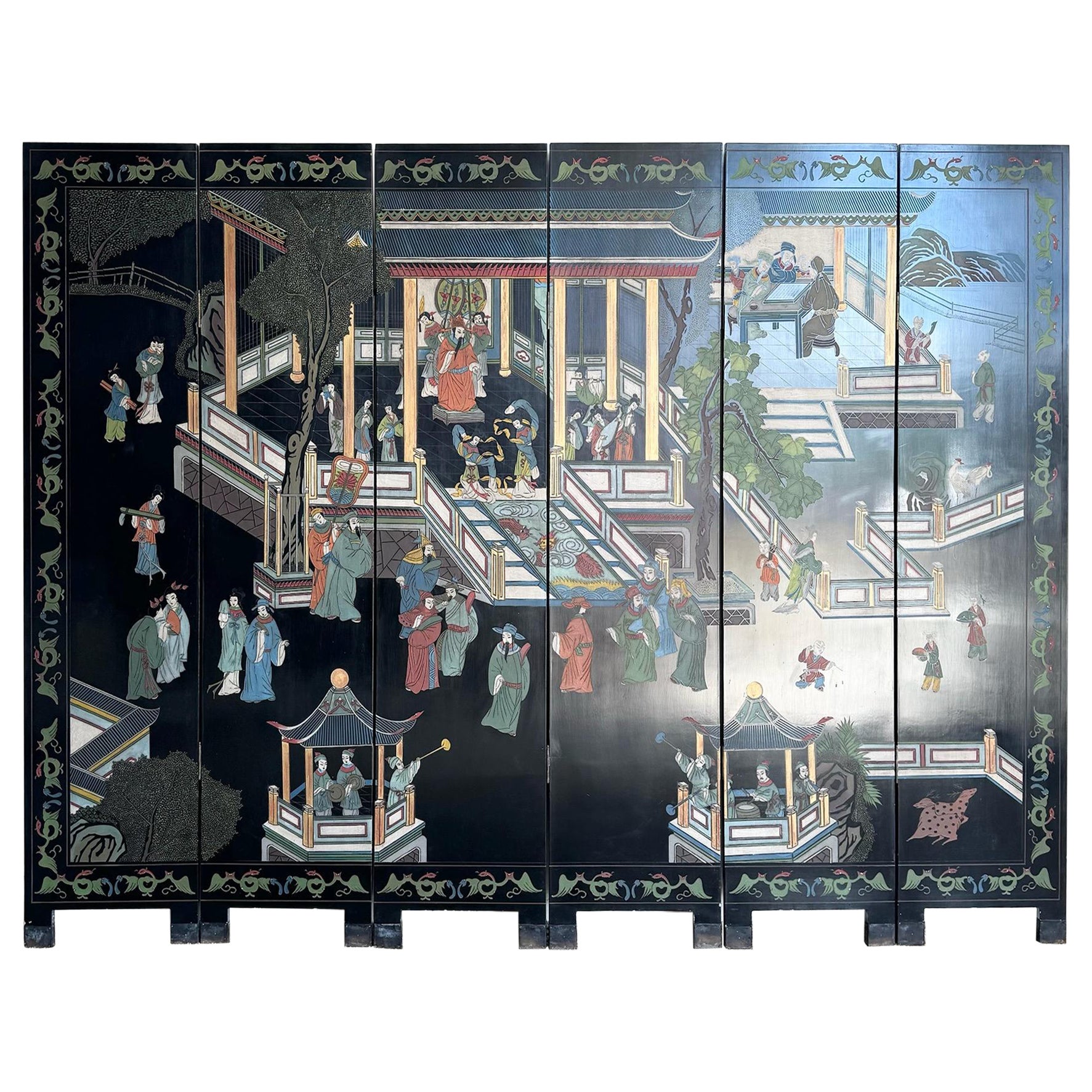 Chinese Hand Carved and Painted Room Divider - 6 Panels