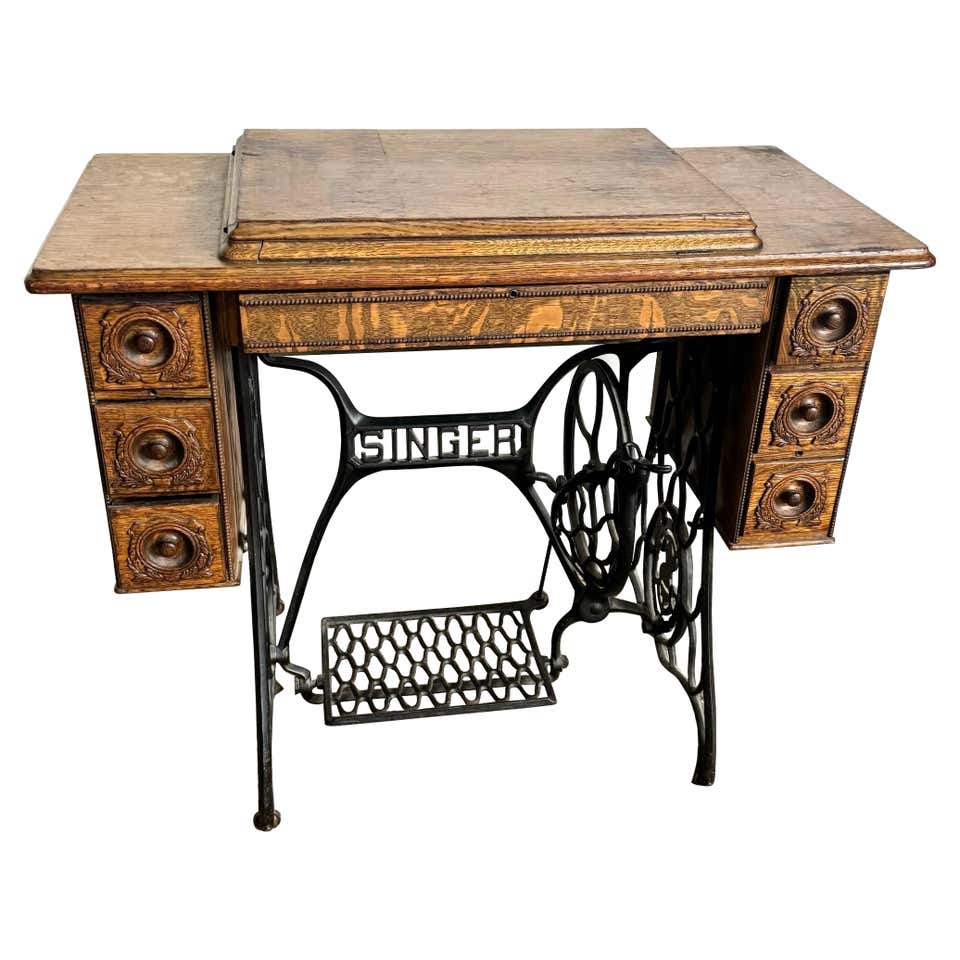 Antique Singer Cast Iron Treadle Sewing Machine Pink Marble Top Accent ...