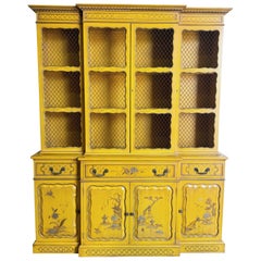 Vintage Chinoiserie Mustard Yellow Hand Painted China Cabinet/Breakfront