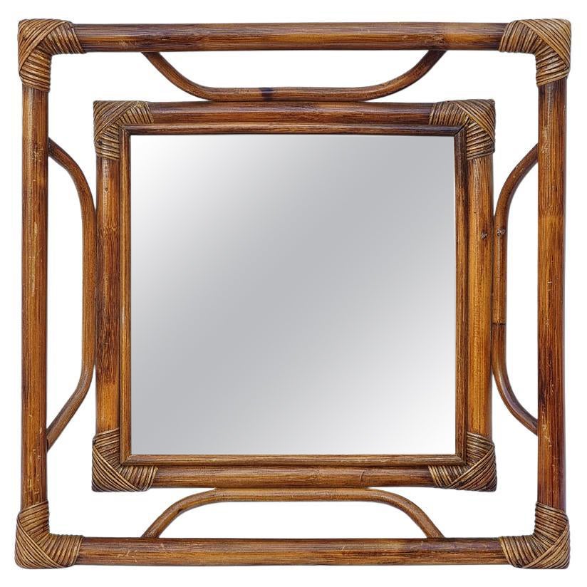 Specchio da parete francese vintage in bambù naturale, circa 1960