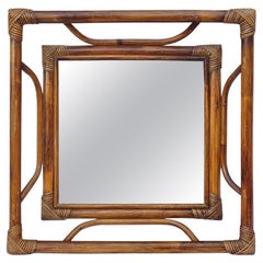 French Vintage Wall Mirror In Natural Bamboo, circa 1960