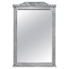 Large Antique French Overmantel Mirror, Silvered Carved Oak Wood, circa 1940