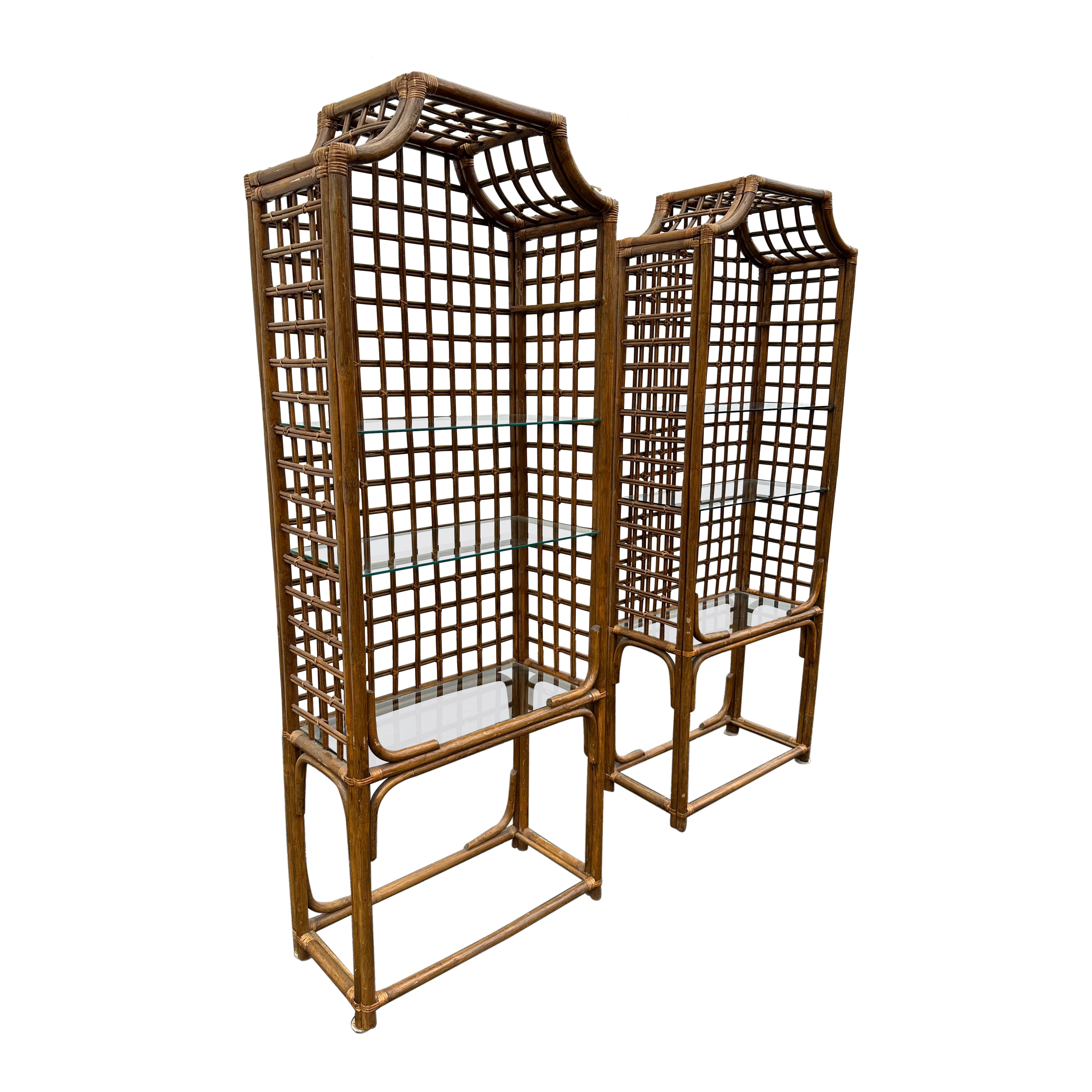 1970s Pagoda Rattan Glass Bookcase Etagere Display Shelves, Ser of 2