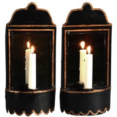 Antique Pair of 19th Century Black Tole Wall Lights