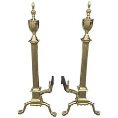 Pair of Late 19th Century Brass Urn Form Andirons with Logstops