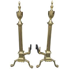 Pair of Late 19th Century Brass Urn Form Andirons with Logstops 7