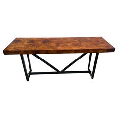 Vintage handsome industrial modern burled walnut console