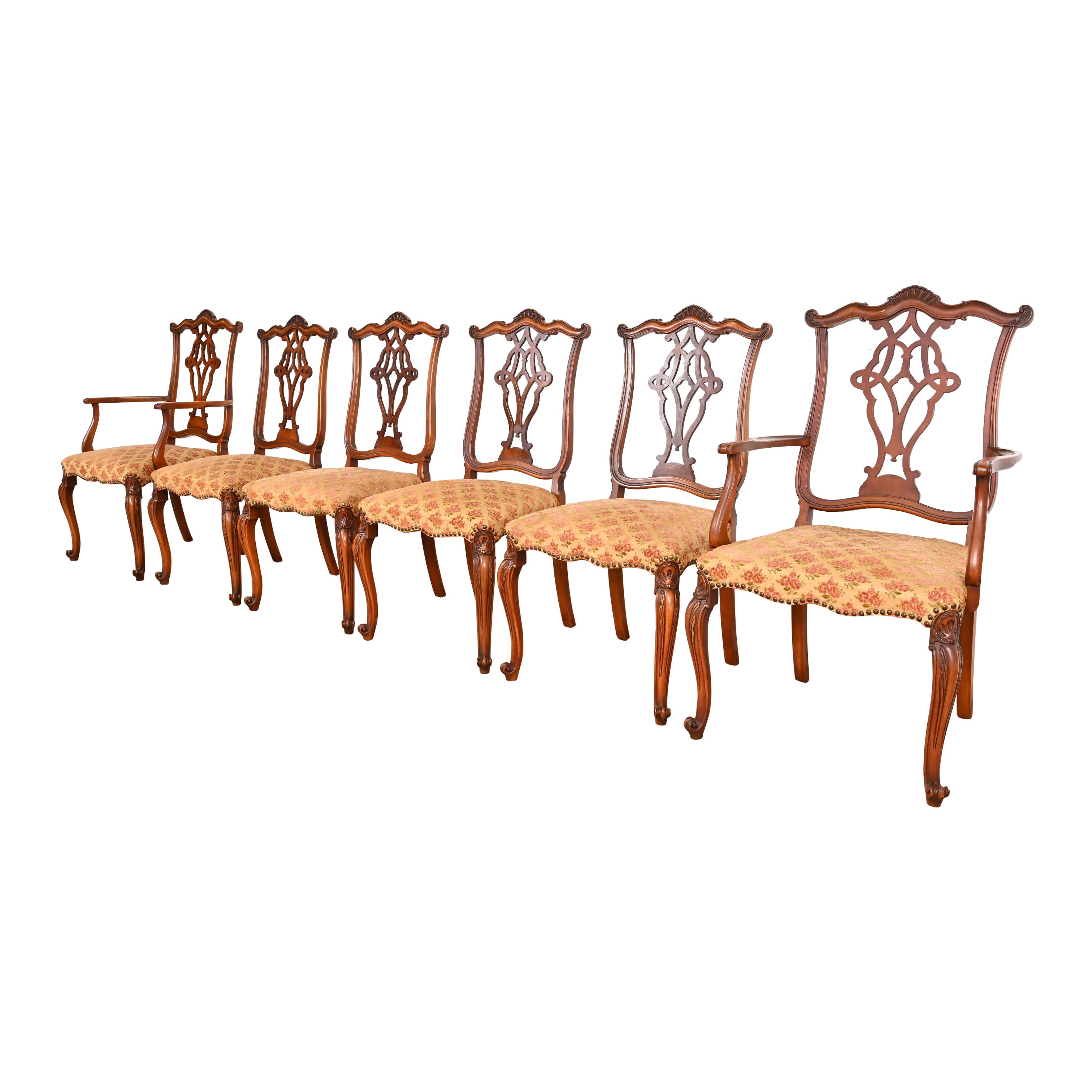 Romweber French Provincial Louis XV Carved Burl Wood Dining Chairs, Set of Six