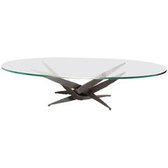 Large Oval Glass and Torch Cut Steel Silas Seandel Coffee Table