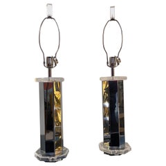 Pair Chrome Lucite Table Lamps 1970s Hollywood Regency Postmodern Minimalism
