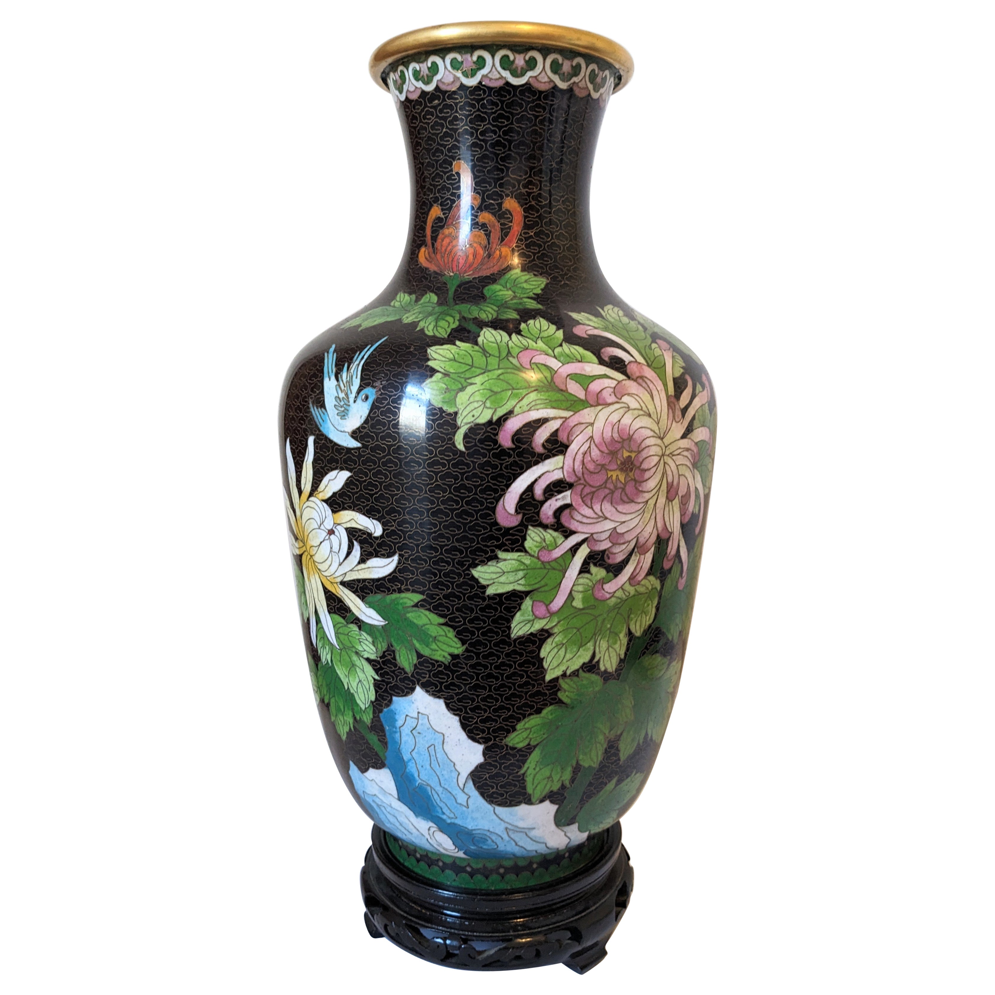 Massive Cloissone-Vase aus pastellfarbenen Crysanthemen im Angebot