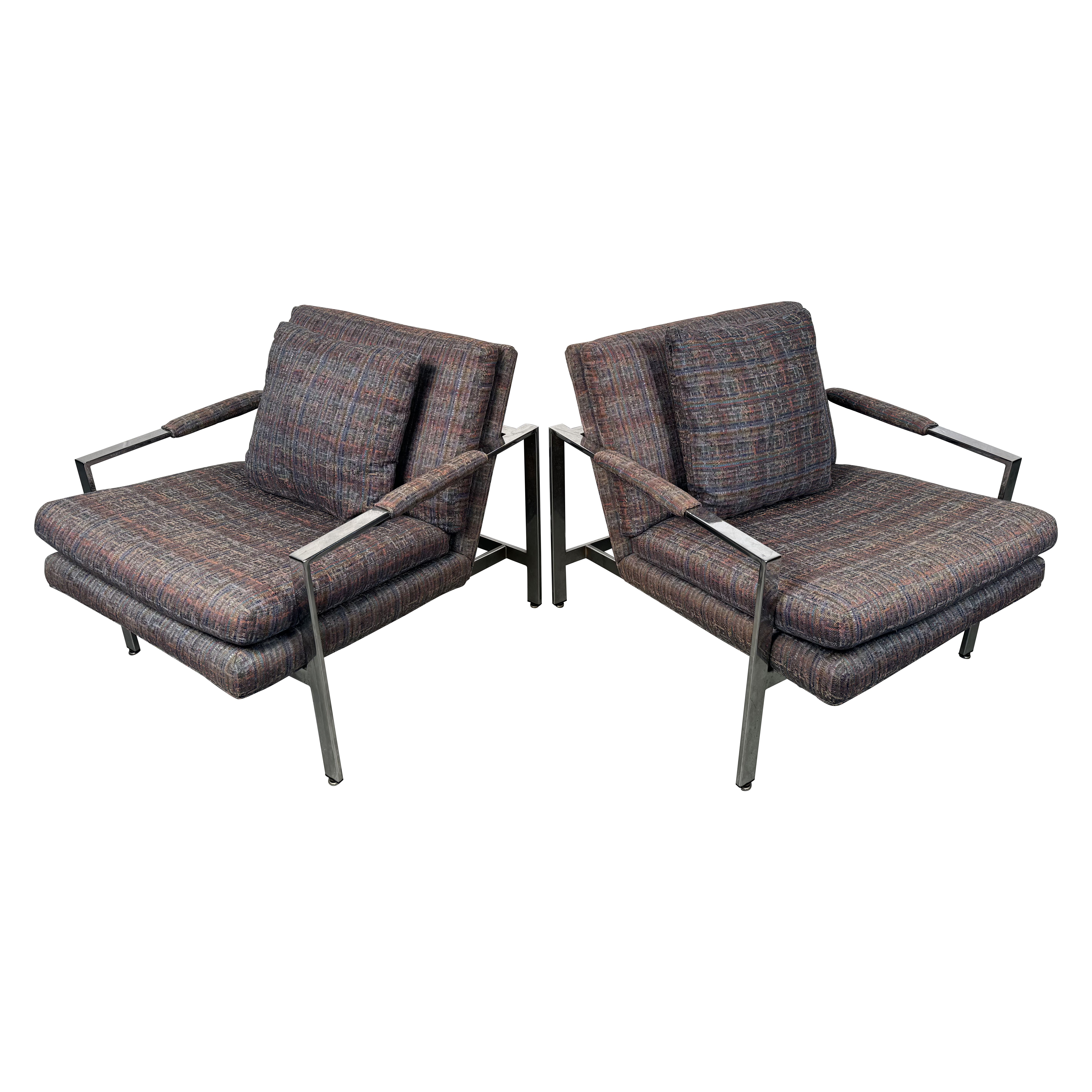 Milo Baughman for Thayer Coggin Chrome Flat Bar Lounge Chairs