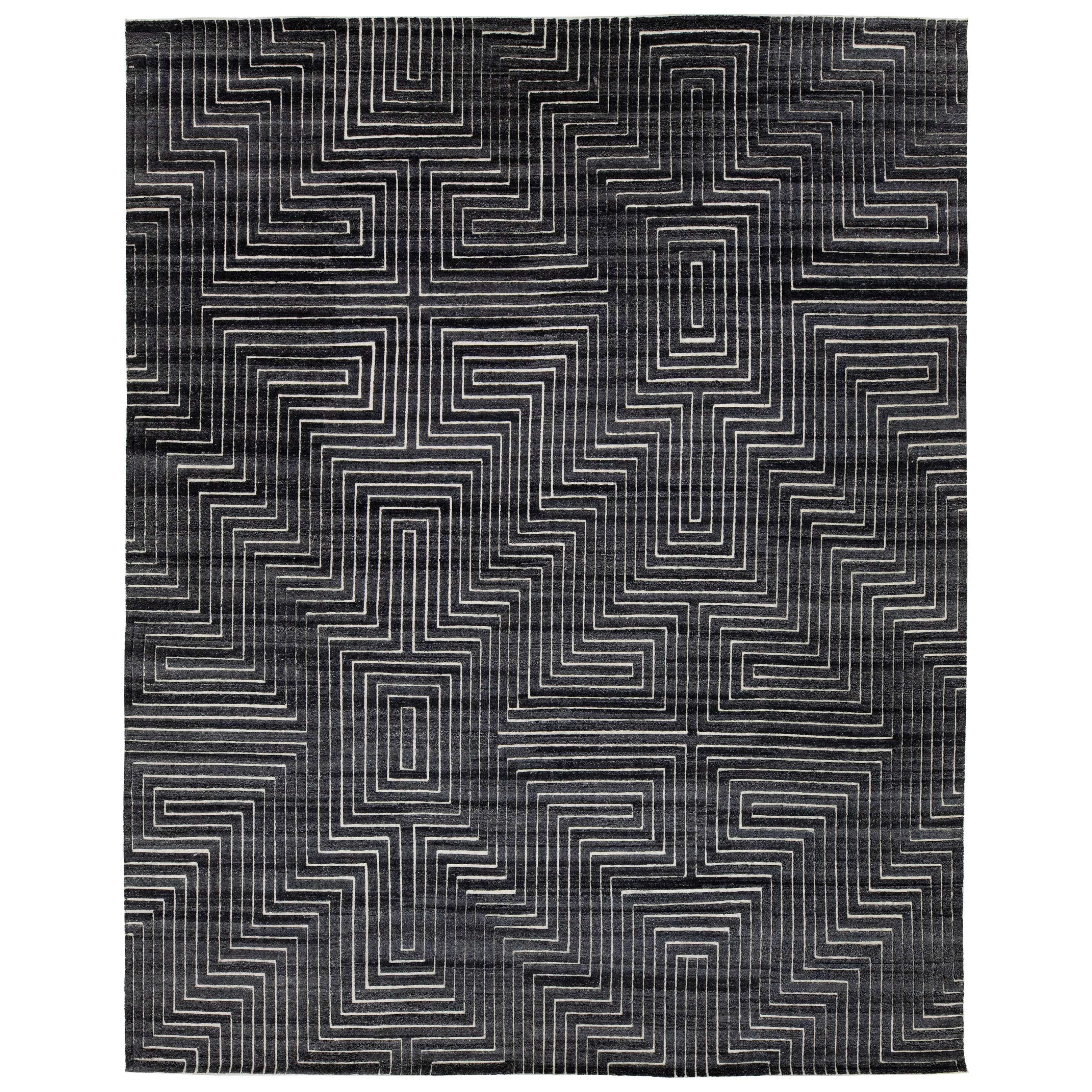 Alfombra Contemporánea de Lana Carbón Estilo Marroquí con Dibujo Geométrico By Apadana