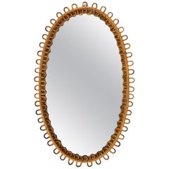 Midcentury Rattan and Bamboo Oval Wall Mirror Franco Albini Style, Italy, 1960s