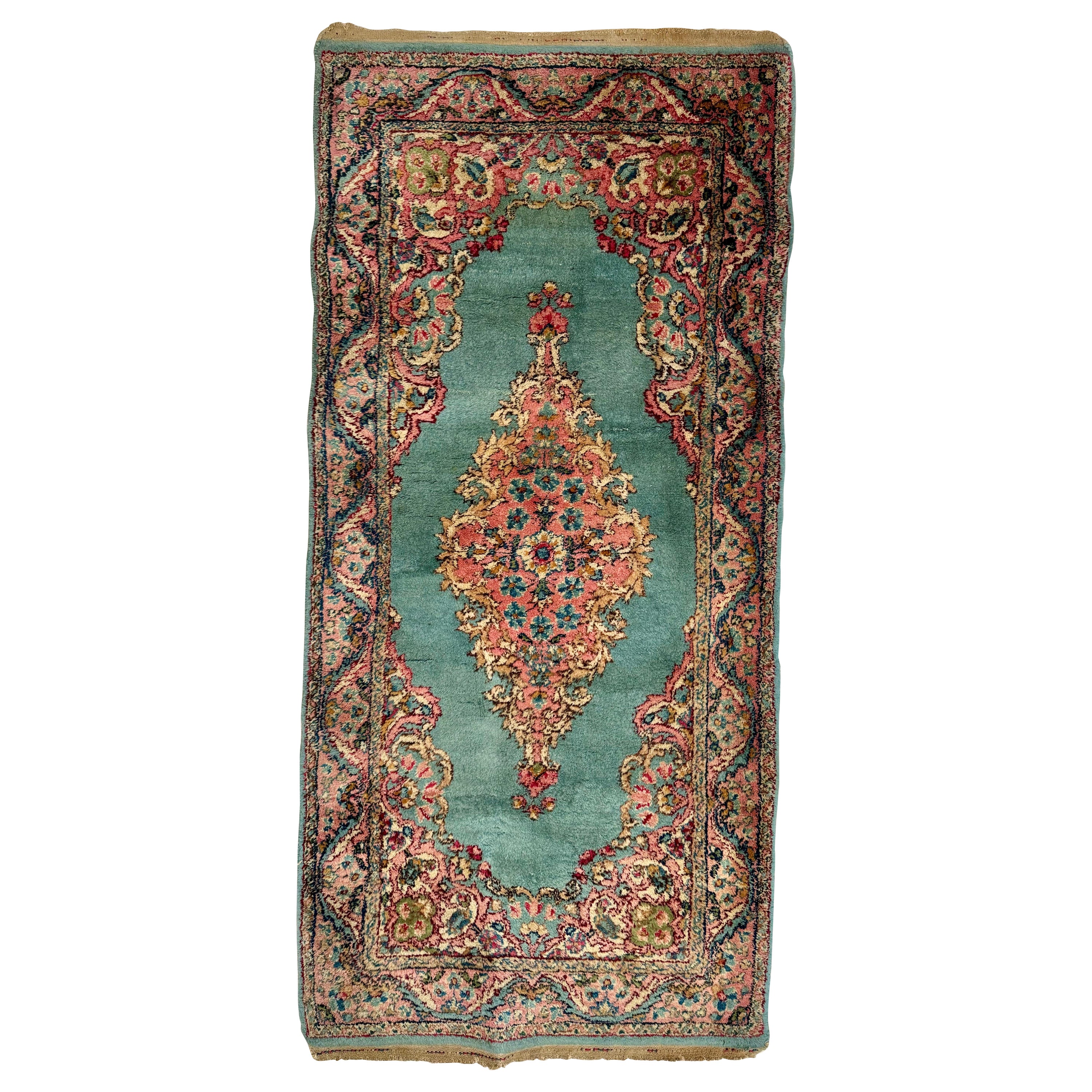 Petit tapis persan Kirman bleu clair et turquoise ancien, circa 1950 en vente
