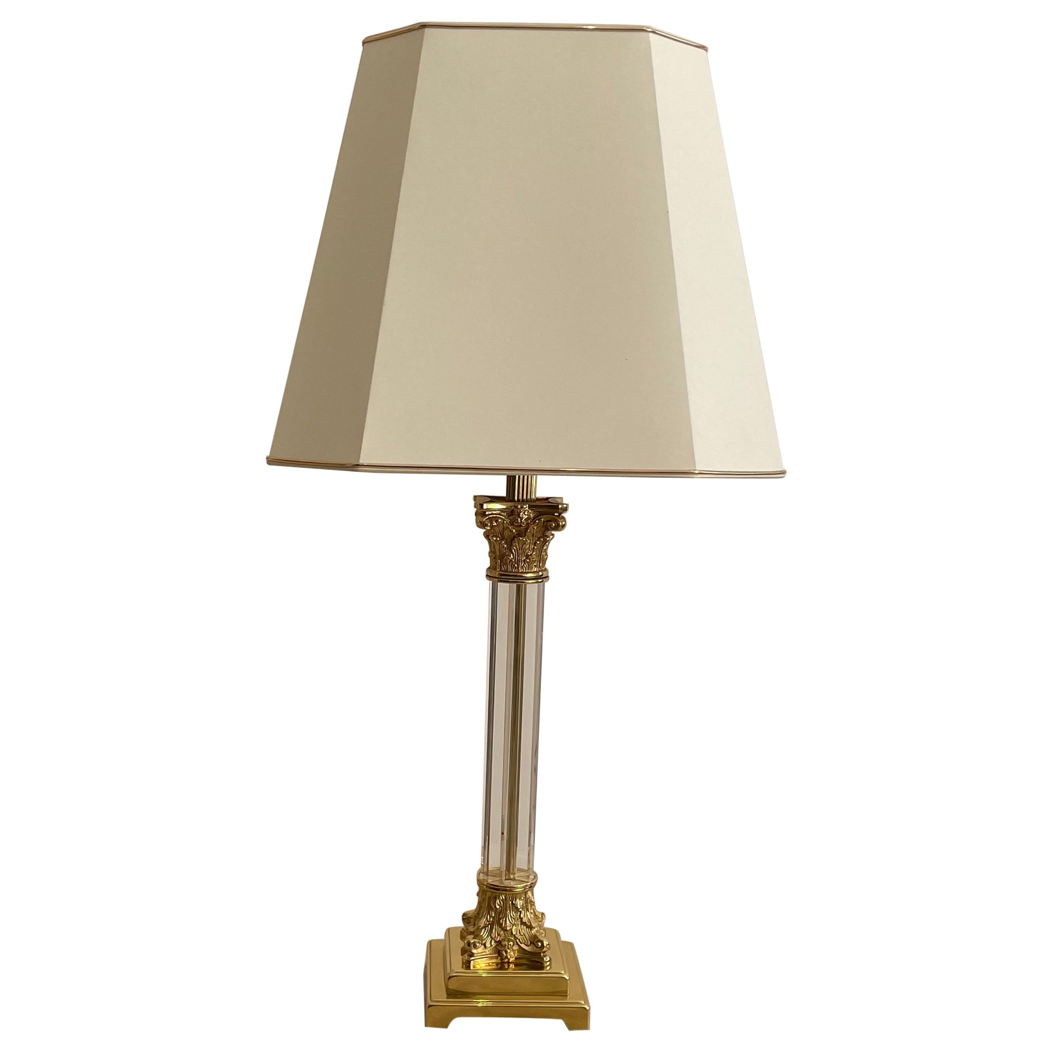 Brass Corinthian Lucite Column Table Lamp 1970s Hollywood Regency Postmodern