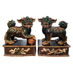 Antique Pair Of 19th Century Chinese Foo Dogs On Stands