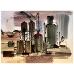 Original Watercolor/ Gouache Industrial Scene by American Artist Marshall Potter