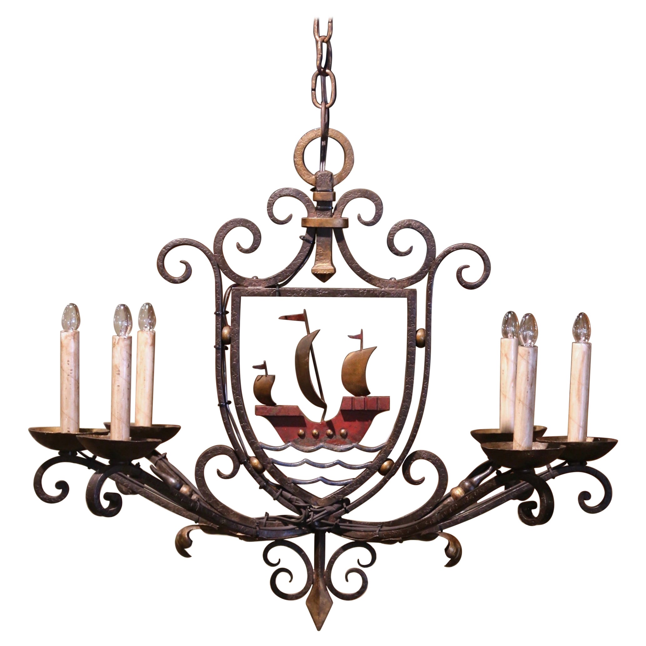 Early 20th Century French Painted Iron Six-Light Sailboat Chandelier
