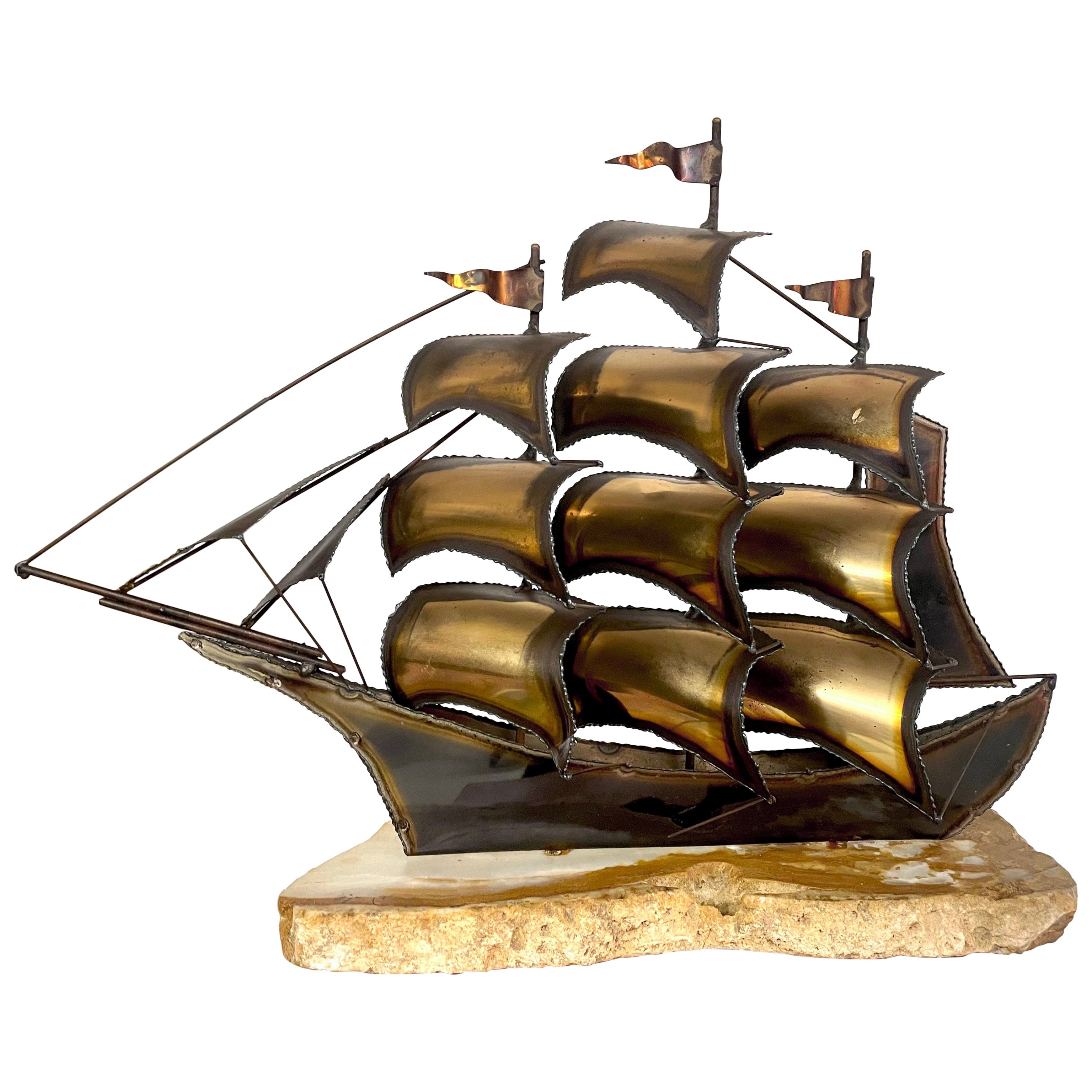 John Demott Brutalist Mid-Century Torch Cut Metal Clipper Ship Boat Sculpture