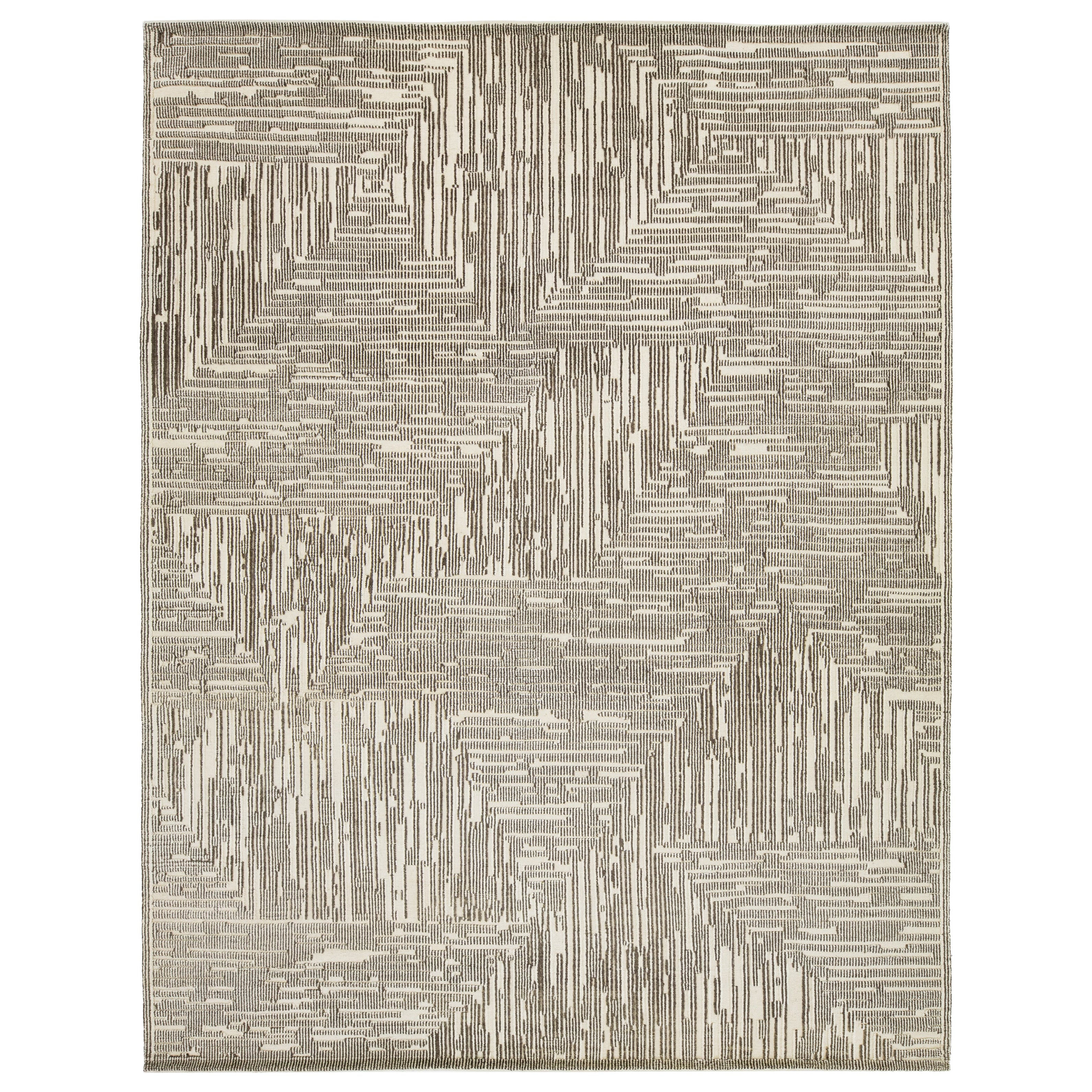 Moderner beiger Wollteppich im marokkanischen Stil in Beige mit abstraktem Design von Apadana