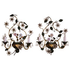 Pair of Mid Century French Crystal and Metal Two-Light Wall Sconces
