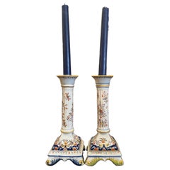 Pair of Mid-Century French Faience Candlesticks from Rouen Normandy