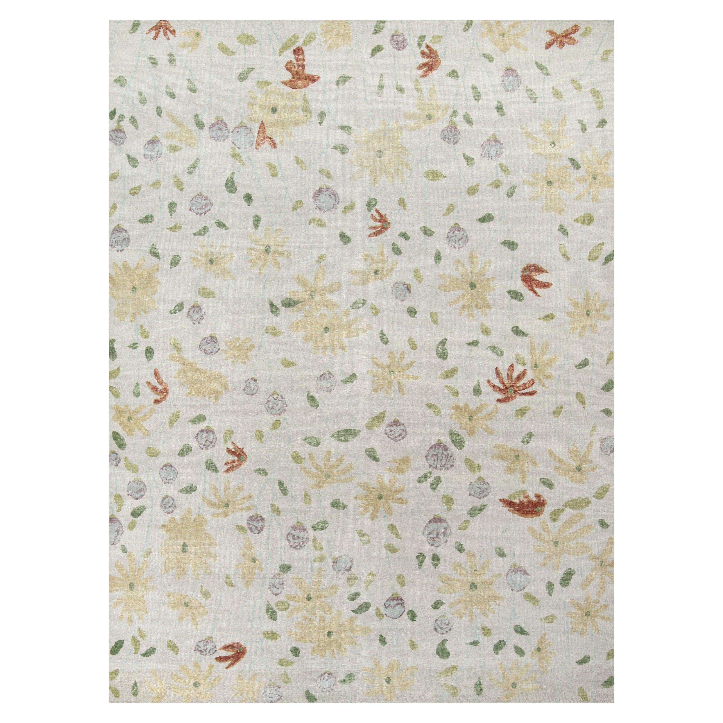 Rug & Kilim’s Distressed Contemporary Rug in White with Beige Floral Patterns