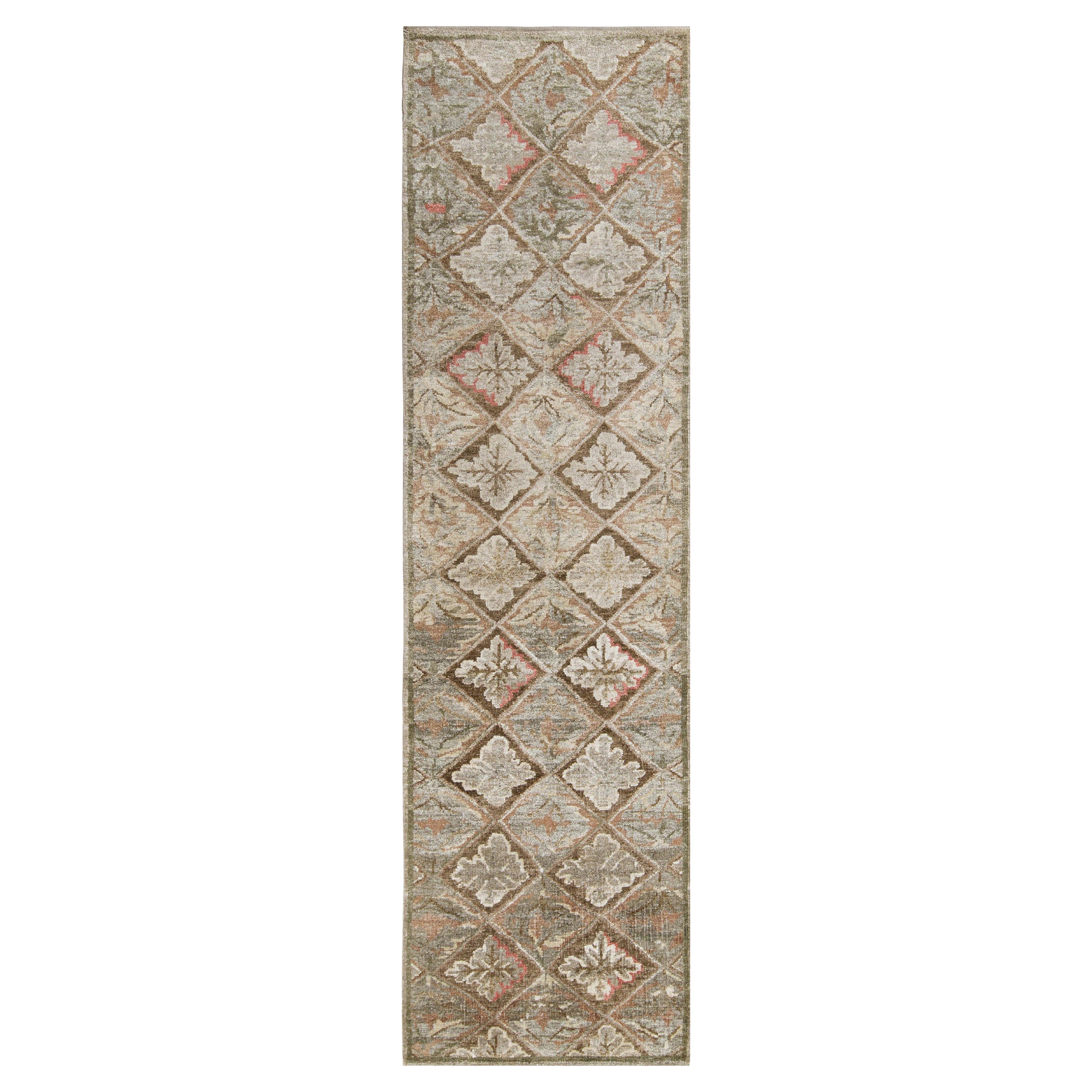 Rug & Kilim’s French Aubusson Style Runner in Green, Beige-Brown Floral Pattern